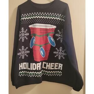 Christmas Sweatshirt Ugly Sweater XL Red Cup Holiday Cheer Hanes Black Flakes